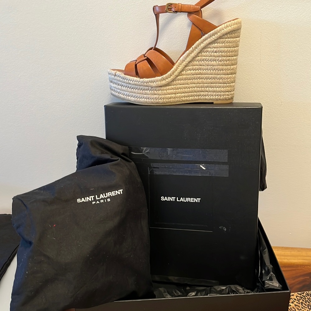 Saint Laurent Tribute Leather Espadrille Wedge Sandals